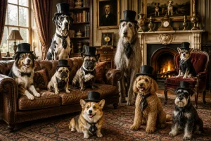 Distinguished dogs in top hats pose around an elegant Victorian drawing room, creating a wonderfully serious and delightfully absurd group portrait.