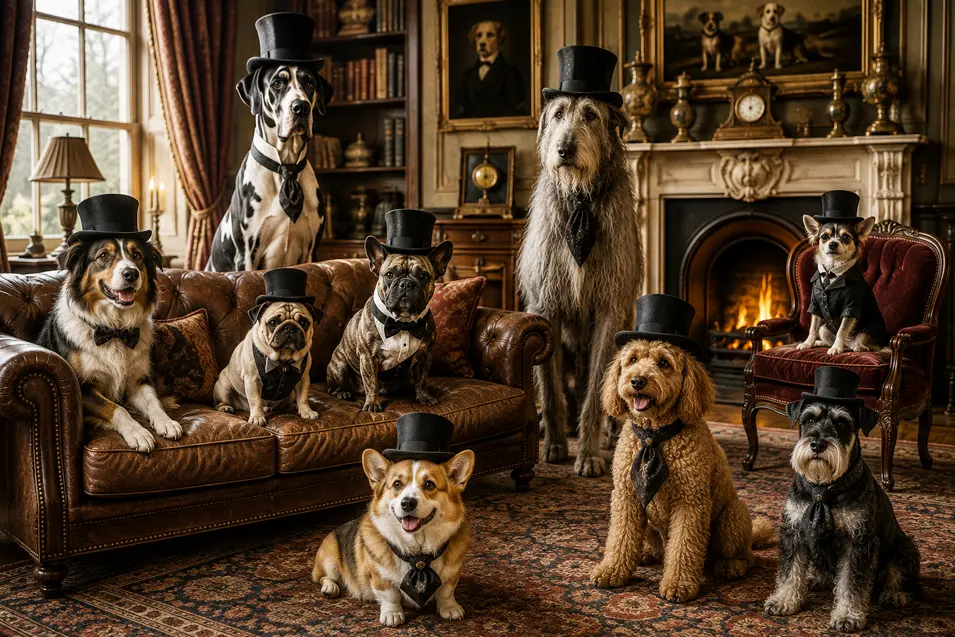 Distinguished dogs in top hats pose around an elegant Victorian drawing room, creating a wonderfully serious and delightfully absurd group portrait.