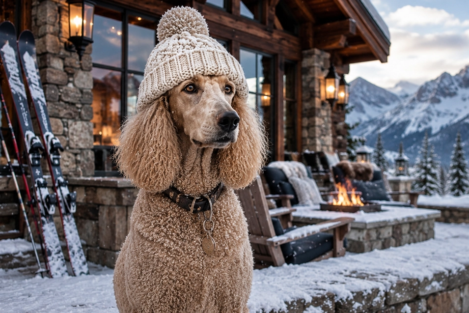 A stylish Poodle in a chunky knit toque enjoys a snowy mountain retreat, complete with skis, a glowing fire and spectacular alpine views.