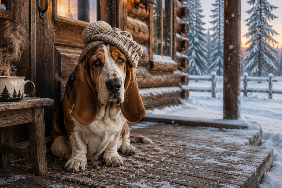 A Basset Hound in a slouchy knit toque sits on a snowy cabin porch beside a steaming mug as the winter sun sets over the forest.