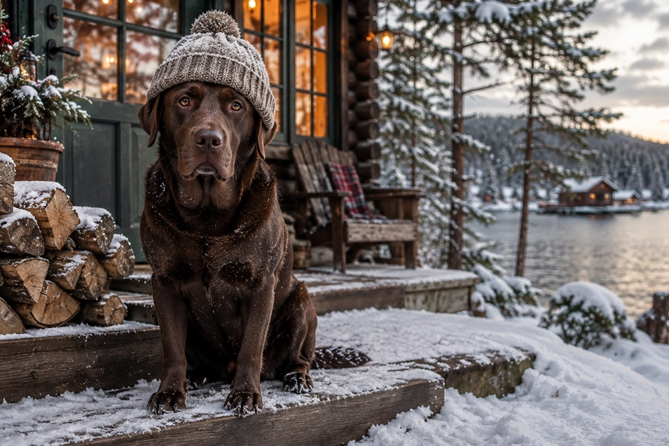 A Chocolate Labrador in a cozy knit toque sits outside a snowy lakeside cabin, surrounded by firewood, evergreens and warm winter light.