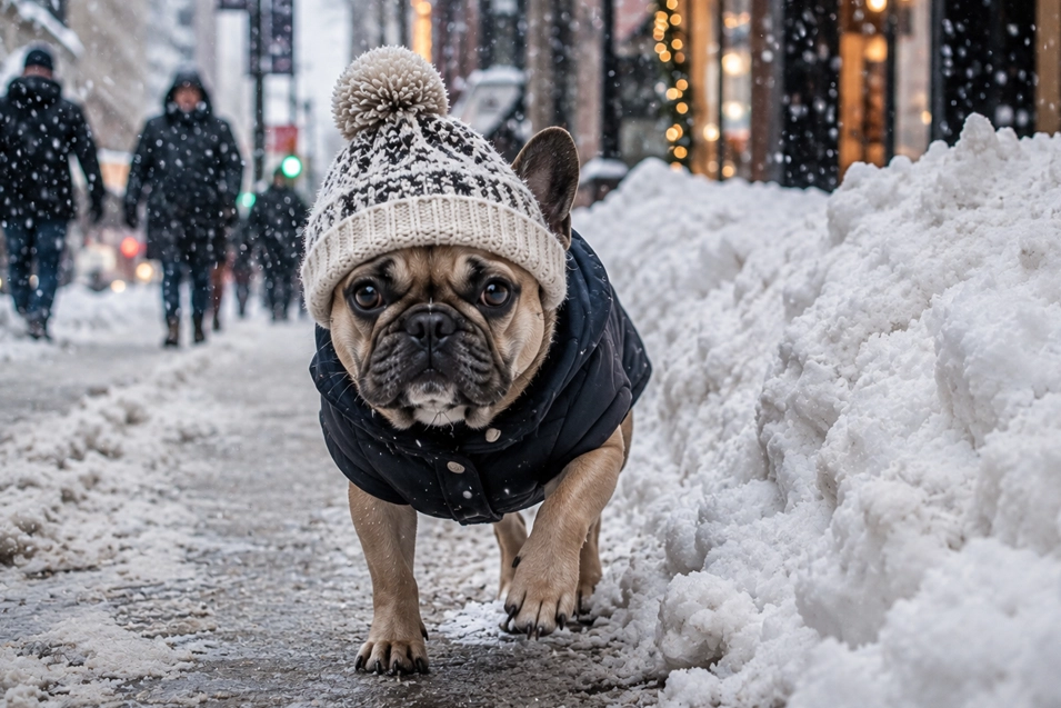 A bundled-up French Bulldog braves a snowy city sidewalk in a patterned pom-pom toque and winter coat as snow falls around him.
