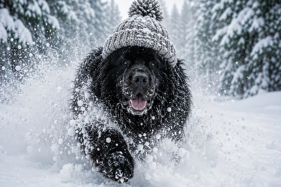 A playful Newfoundland charges through deep snow in a chunky pom-pom toque, sending powder flying through a snow-covered forest.