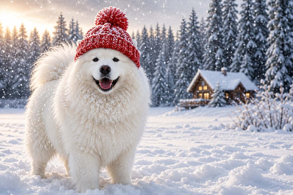 A delighted Samoyed in a chunky red toque enjoys the first snowfall, looking perfectly at home in a winter wonderland.