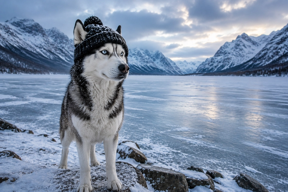 A striking Siberian Husky in a black pom-pom toque stands beside a frozen mountain lake, surrounded by dramatic snow-covered peaks.