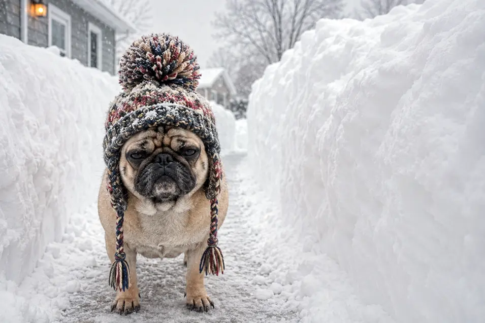 A grumpy Pug in an oversized pom-pom toque stands in a narrow shoveled path between towering snowbanks after a huge winter storm.