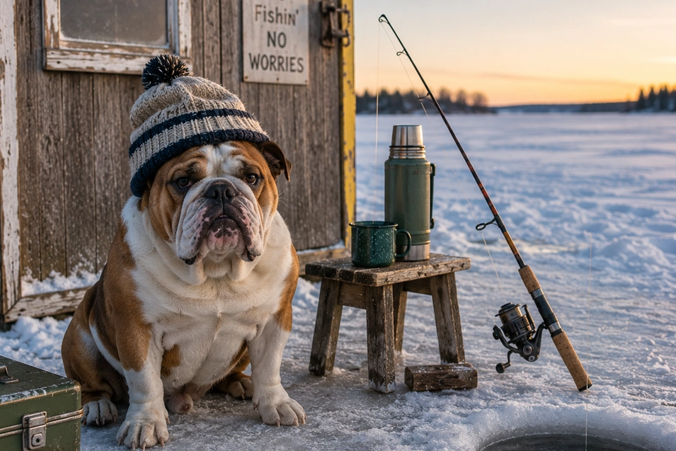 A serious Bulldog in a cozy toque waits beside an ice-fishing hole, complete with fishing rod, thermos and a frozen lake at sunset.