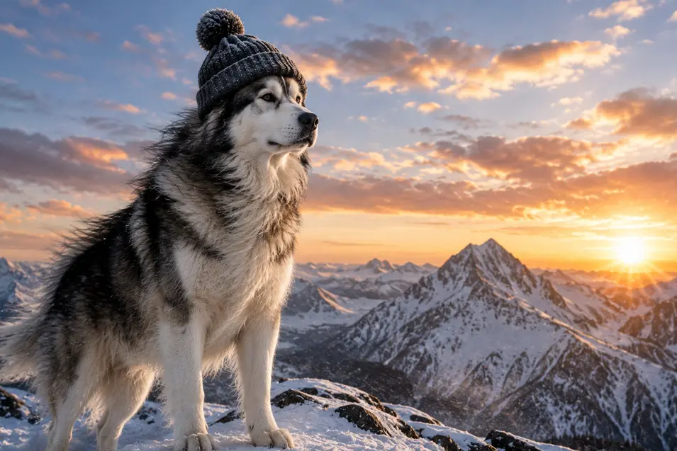 A majestic Alaskan Malamute in a dark pom-pom toque stands on a snowy mountain ridge as a spectacular winter sunrise fills the sky.