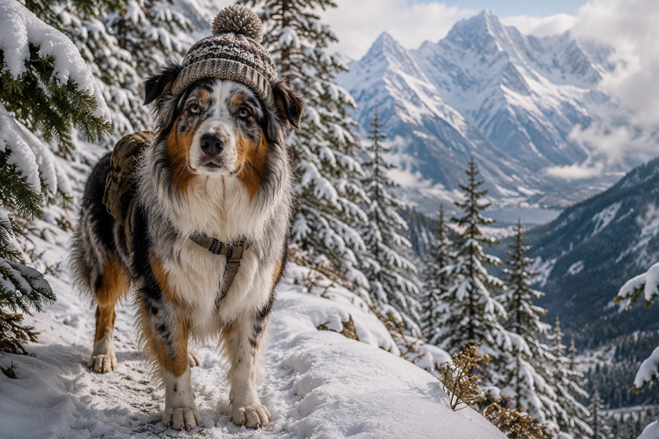 An adventurous Australian Shepherd in a cozy knit toque explores a snowy mountain trail surrounded by towering peaks and snow-covered evergreens.