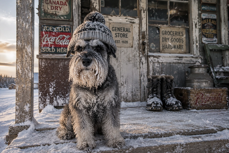 A snow-dusted Schnauzer in a cozy pom-pom toque sits outside an old-fashioned country general store on a crisp winter morning.
