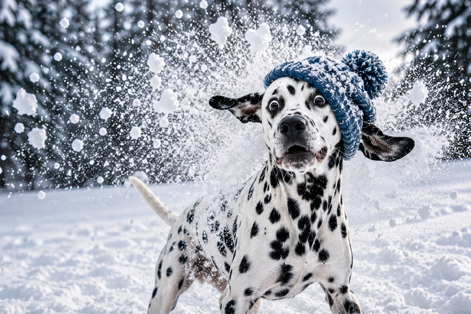 A playful Dalmatian in a blue pom-pom toque shakes off an explosion of fresh snow during a wonderfully chaotic winter adventure.
