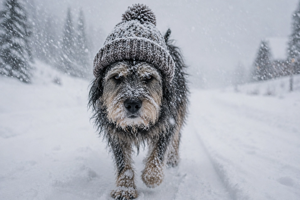 A determined shaggy dog trudges through a heavy snowstorm in a cozy pom-pom toque, its snow-covered face capturing the reality of winter walks.