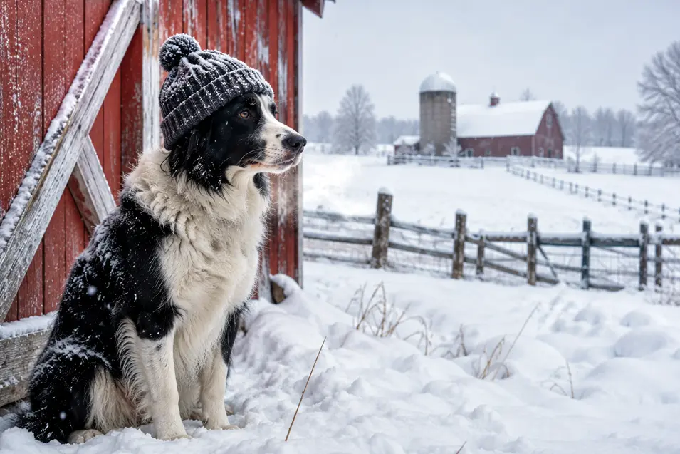 A black-and-white Border Collie in a knitted pom-pom toque sits beside a weathered red barn as heavy snow blankets the farm.