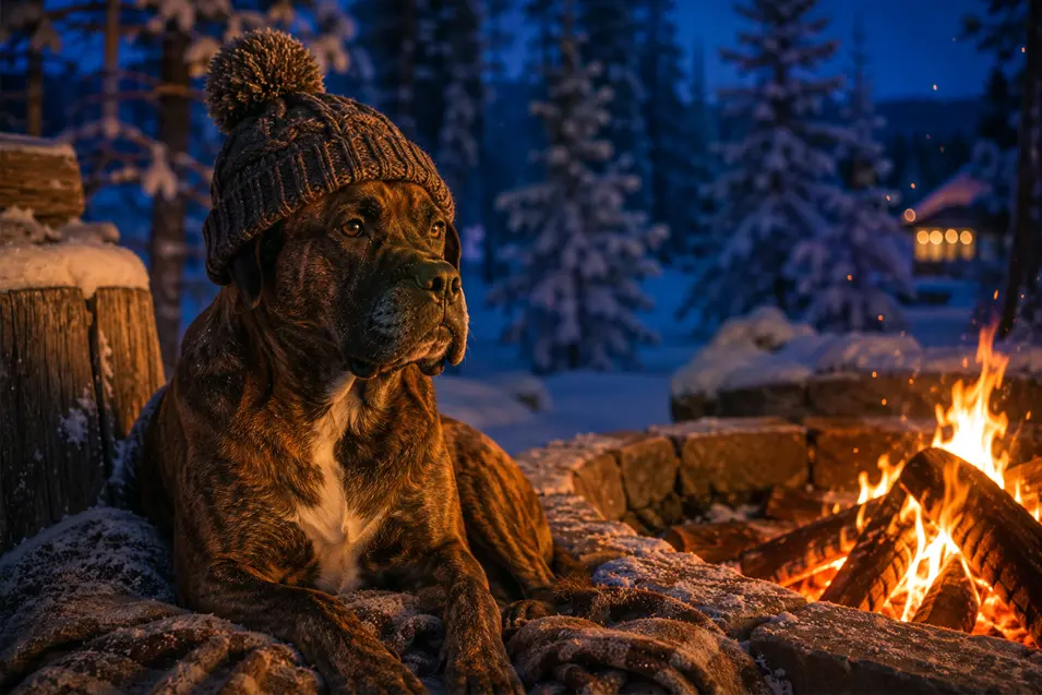 A brindle dog in a chunky pom-pom toque relaxes beside a glowing bonfire on a snowy winter evening surrounded by frosted pines.
