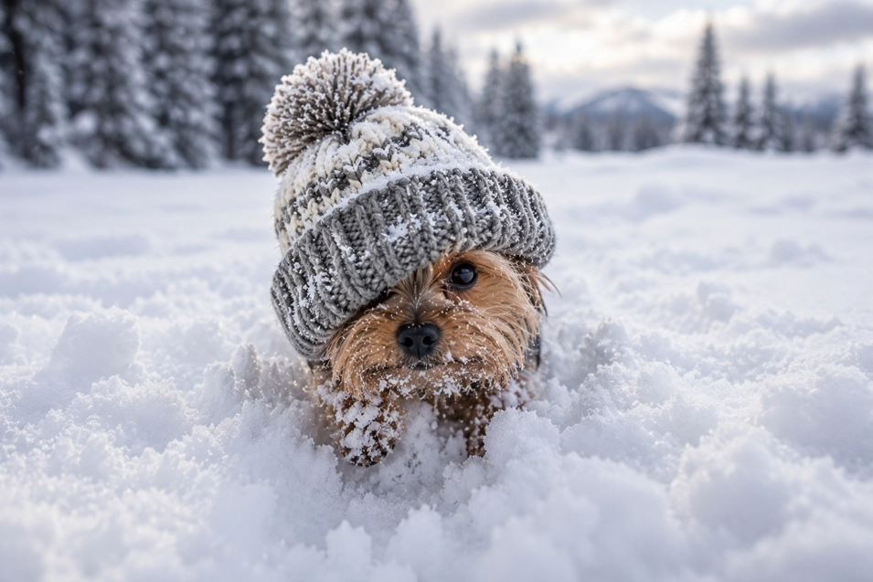 A tiny Yorkshire Terrier pushes through deep snow in an oversized pom-pom toque, looking adorably determined on its winter adventure.