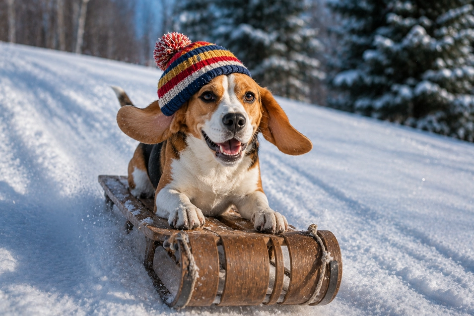 A joyful Beagle in a colorful pom-pom toque races downhill on a wooden sled, ears flying as snow sprays around him.
