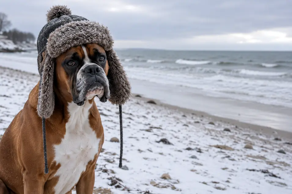 A serious Boxer in a fur-lined winter hat sits on a snow-covered beach as cold waves roll beneath a cloudy winter sky.