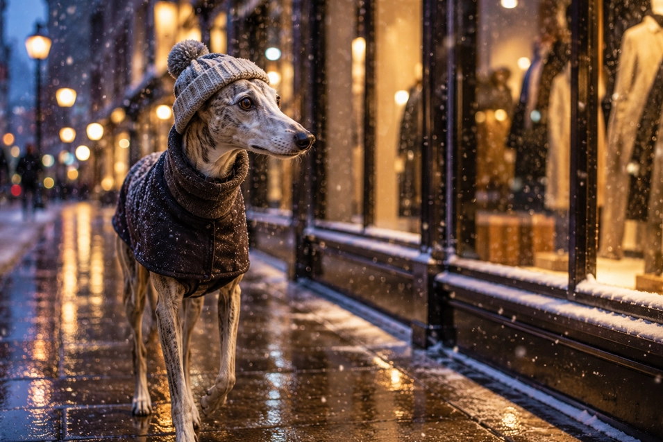 A stylish Greyhound in a cozy toque and winter coat strolls past glowing shop windows on a snowy city evening.