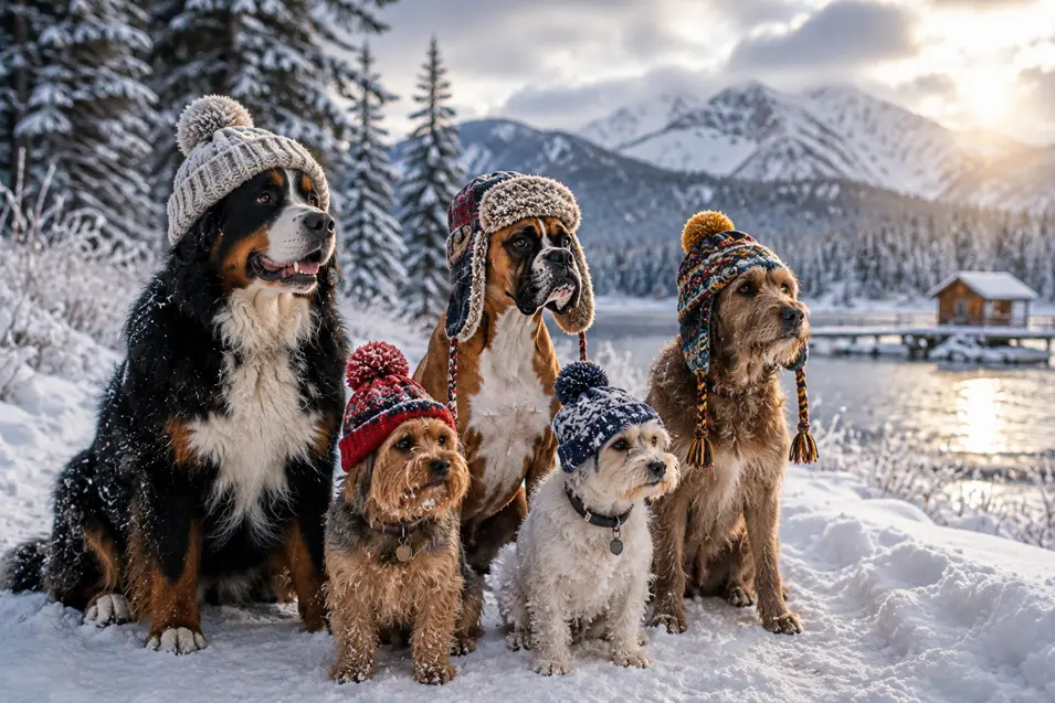 Five dogs in colorful winter hats pose beside a snowy mountain lake, surrounded by frosted pines and glowing late-afternoon light.