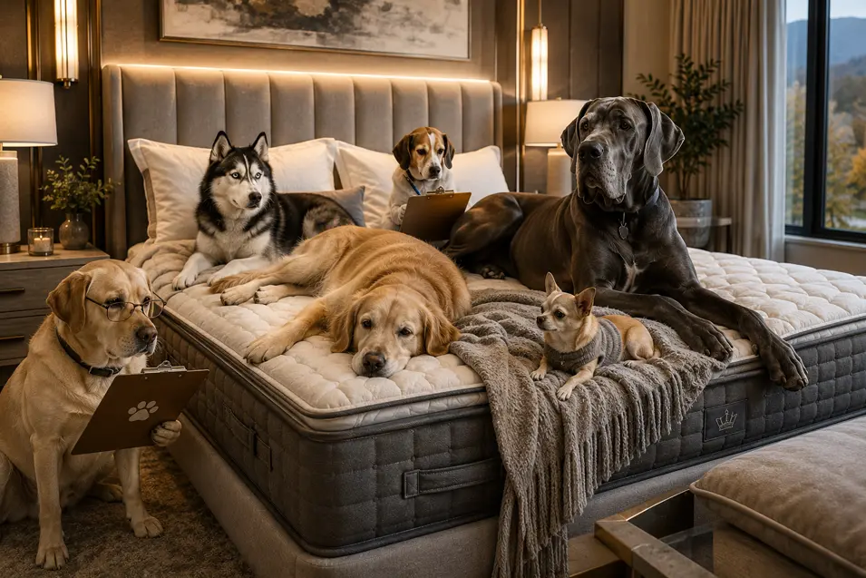 A panel of dogs puts a luxury mattress to the test for comfort, cooling, support and durability in an elegant modern bedroom.