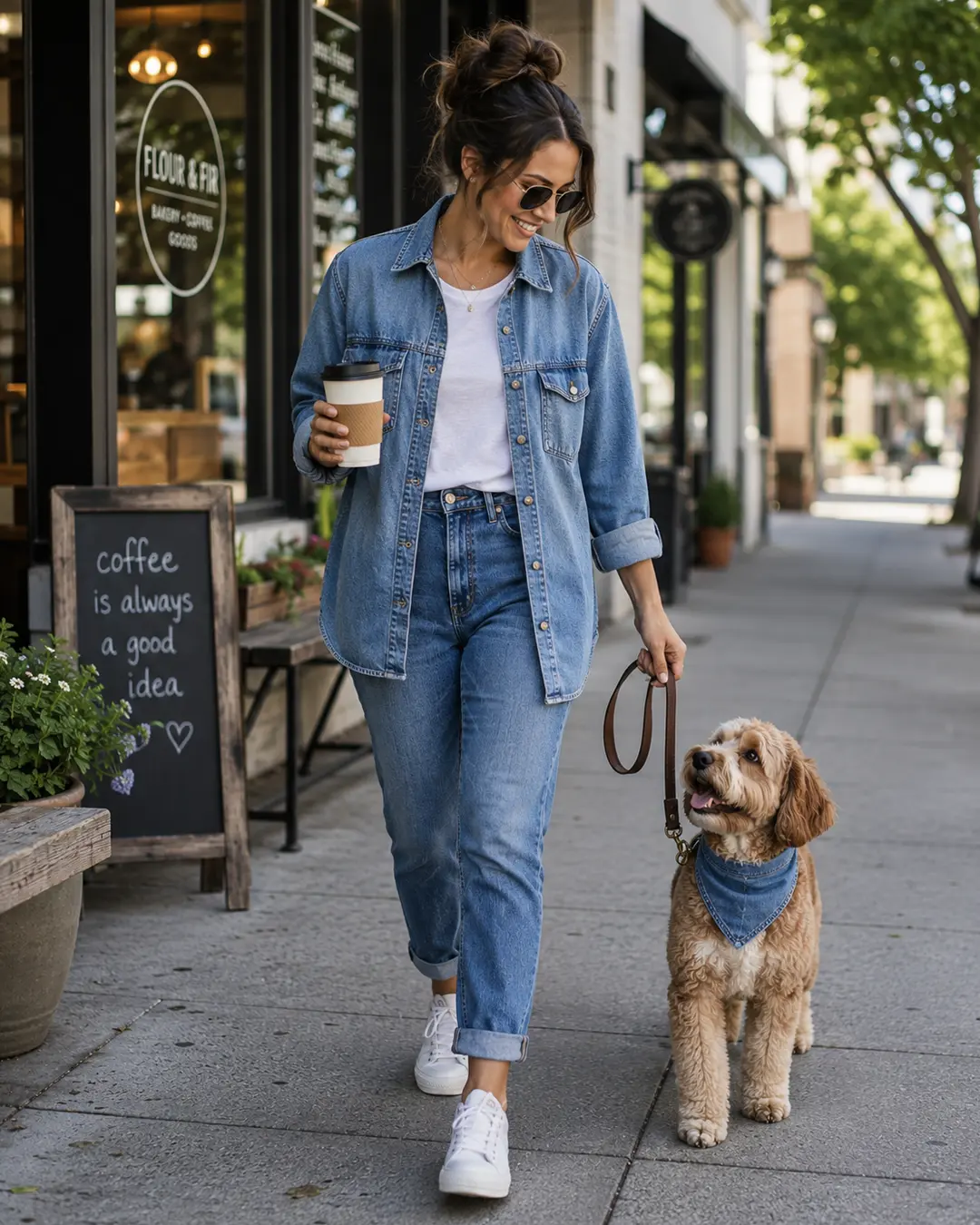 A stylish woman in double denim walks her curly-coated dog past a neighborhood café, coffee in hand, for a relaxed city outing.