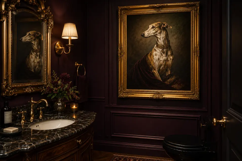 Moody, luxurious bathroom with deep burgundy walls, ornate gold accents, black marble, and a dramatic antique-style greyhound portrait.