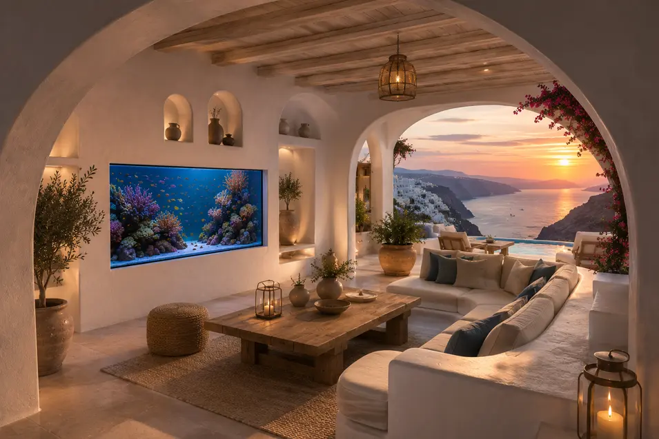 Cozy Santorini-style living room with rustic beams, a vibrant built-in reef aquarium, and breathtaking sunset views over the Aegean Sea.