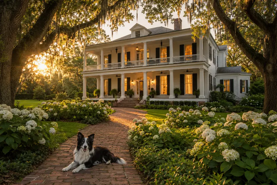 Grand Southern dream home with wraparound porches, moss-draped oaks, lush gardens, and a dog relaxing along the brick entry path.