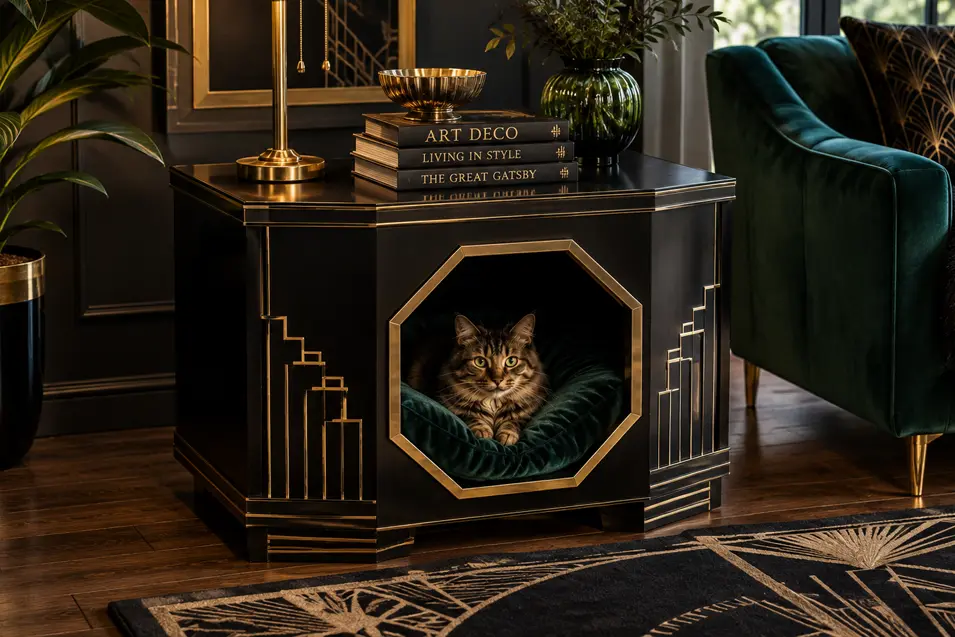 Tabby cat lounging in a plush green bed inside an elegant black-and-gold Art Deco side table beside an emerald velvet chair.