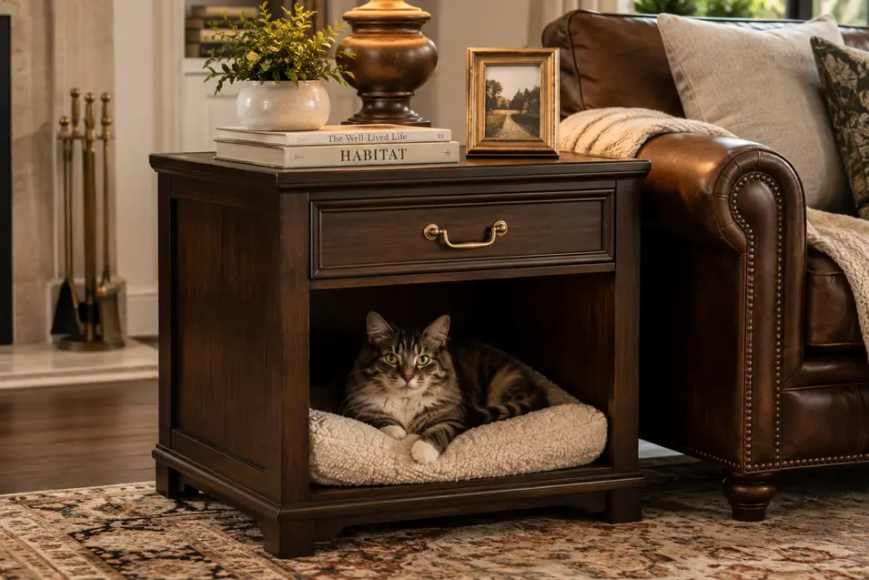 Tabby cat relaxing in a built-in bed beneath a drawer in a dark wood side table beside a classic leather armchair.