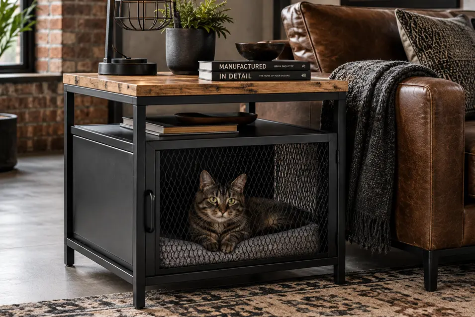 Tabby cat resting inside an industrial black metal side table with a mesh enclosure and rustic wood top beside a leather sofa.