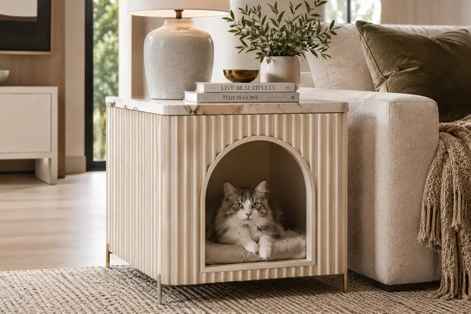 Fluffy gray-and-white cat relaxing in a built-in bed inside an elegant cream side table with a marble top beside a cozy sofa.
