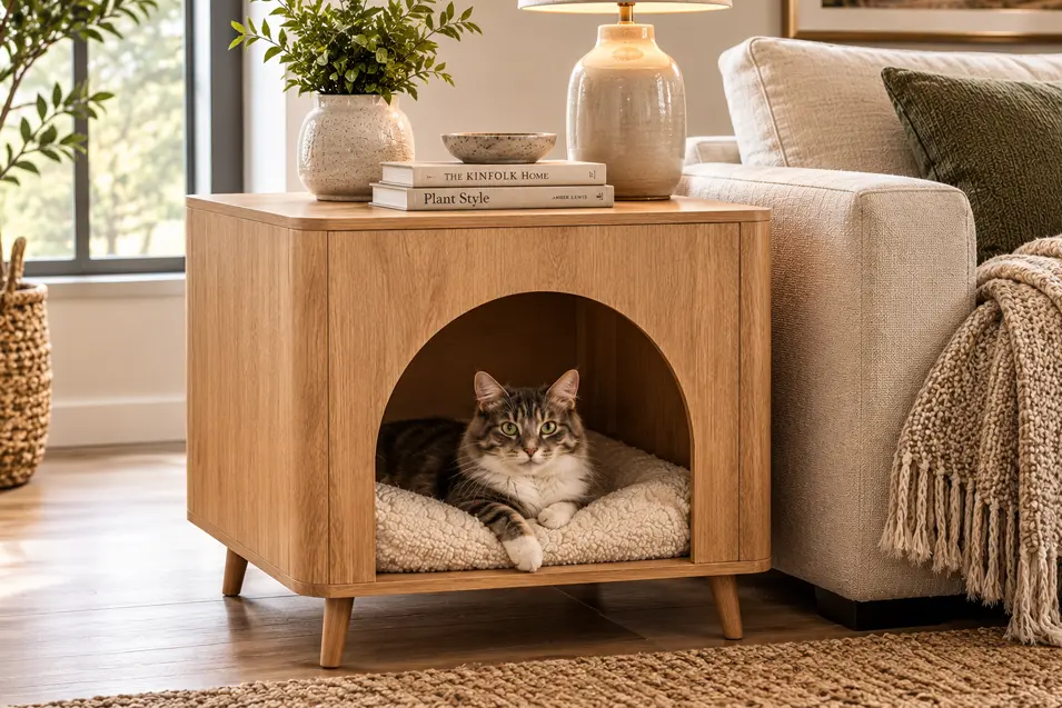 Tabby cat lounging in a cozy built-in bed inside a light wood side table beside a cream sofa in a bright, inviting living room.