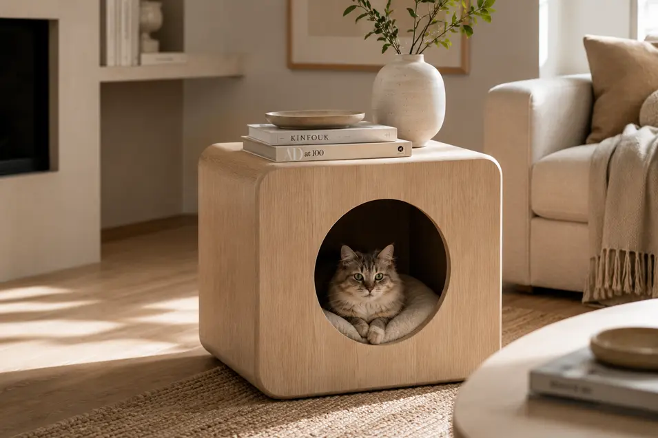 Fluffy tabby cat relaxing inside a minimalist light wood side table with a circular built-in pet bed in a serene neutral living room.