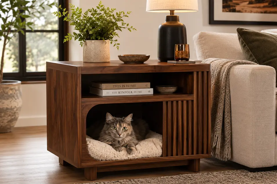 Cozy gray cat relaxing in a built-in bed inside a warm walnut side table beside a cream sofa in a stylish living room.