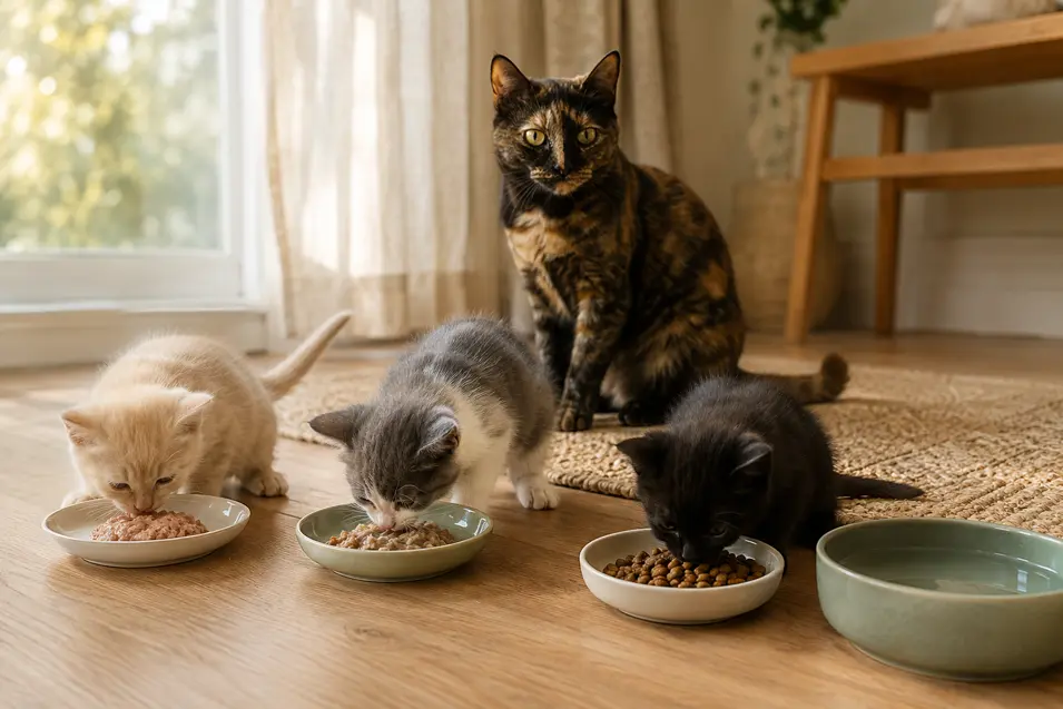 A tortoiseshell mother cat watches three kittens eat wet, softened and dry kitten food beside a bowl of fresh water.