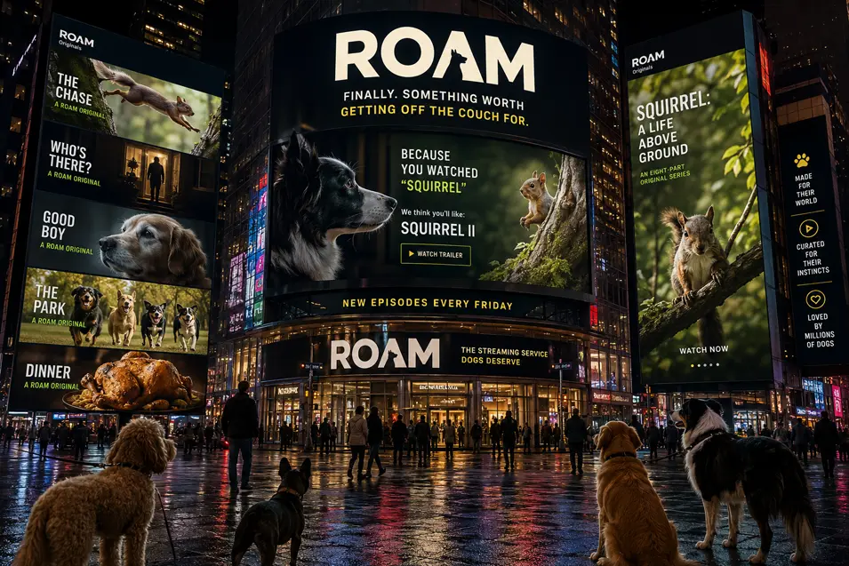 Dog-focused streaming service takes over a city plaza with giant ads for squirrel shows, canine originals, and entertainment made for dogs.