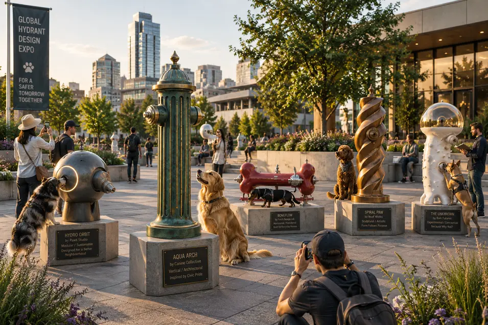 Dogs and visitors explore a global design expo filled with wildly imaginative fire hydrants transformed into functional public art.