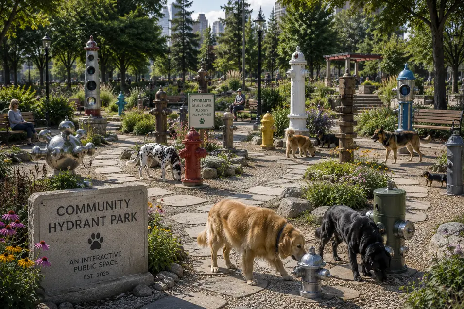 Dogs explore a whimsical community hydrant park filled with fire hydrants of every shape, size and style in a lush urban garden.