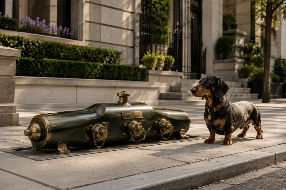 A Dachshund stands beside a whimsical low-slung fire hydrant designed to echo the breed’s long, distinctive shape.