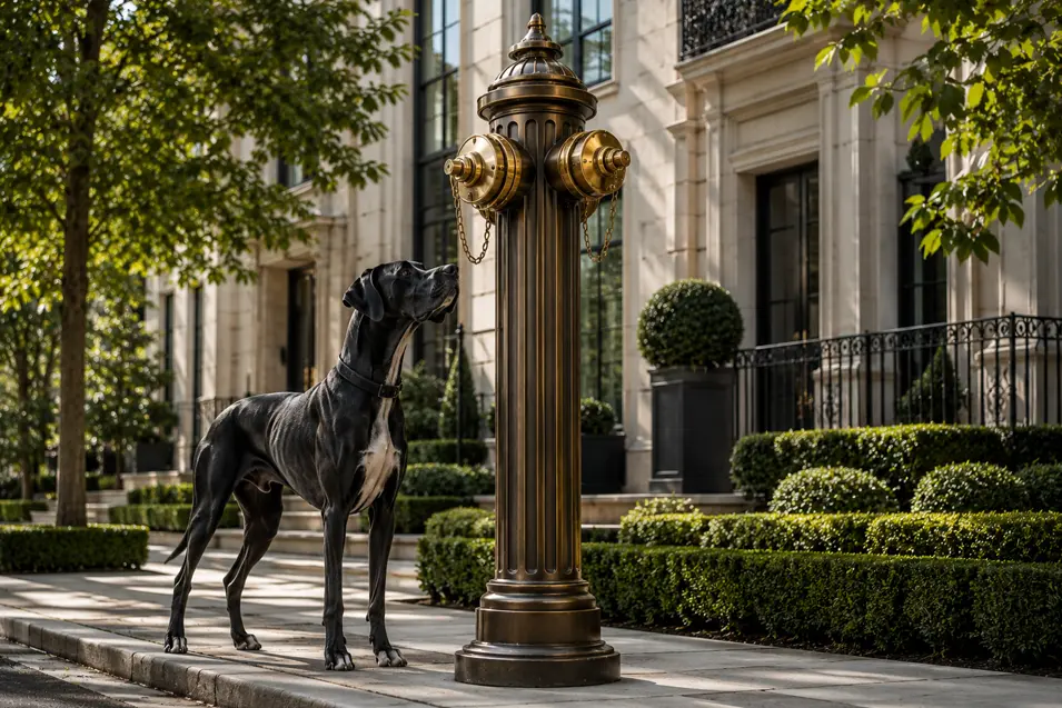 A sleek black dog stands beside a towering bronze-and-gold fire hydrant on a beautifully landscaped upscale residential street.