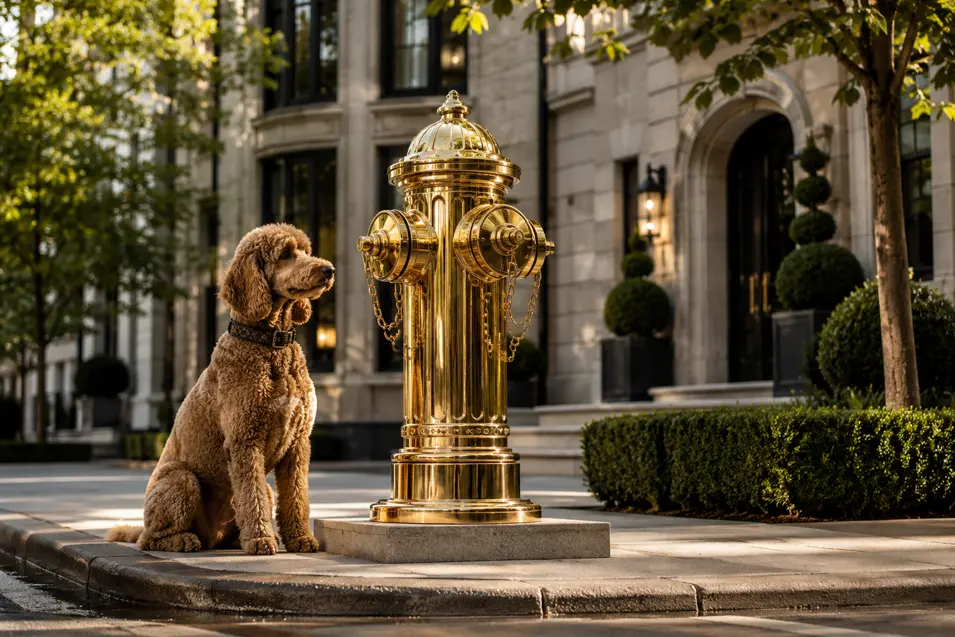 A curly-coated dog sits beside an extravagant polished gold fire hydrant on an elegant, tree-lined residential street.