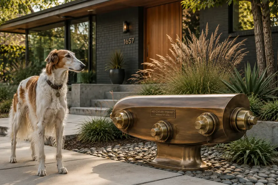 A Borzoi stands beside a sleek bronze mid-century fire hydrant designed to complement the architecture of a modern home.