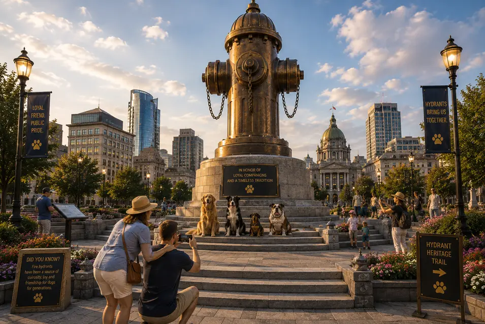 A monumental fire hydrant towers over a grand civic plaza as dogs pose on the steps and tourists stop to photograph the unusual landmark.