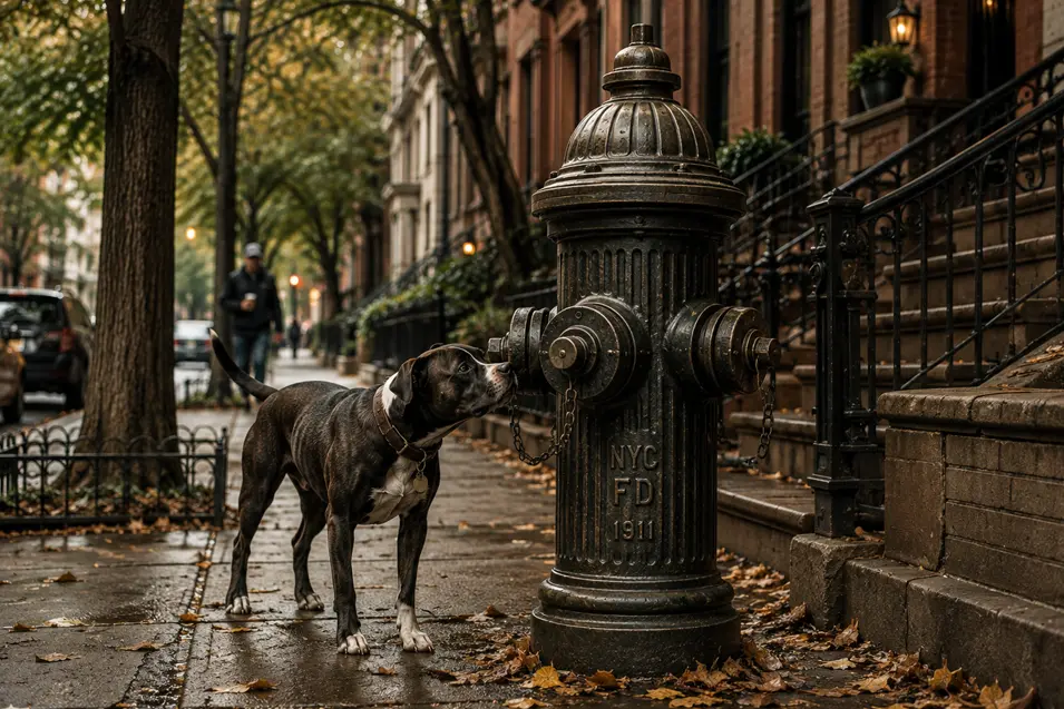 A dog investigates a grand vintage fire hydrant on a leafy New York brownstone street, complete with ornate detailing and old-world character.