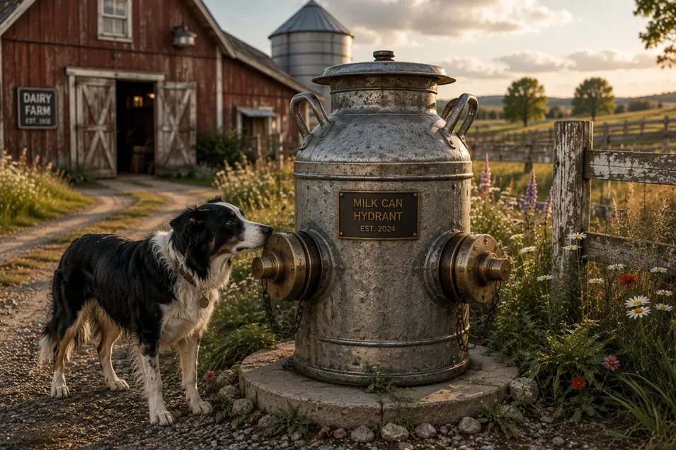 A Border Collie investigates a rustic milk-can fire hydrant beside an old dairy barn on a warm, picturesque country farm.