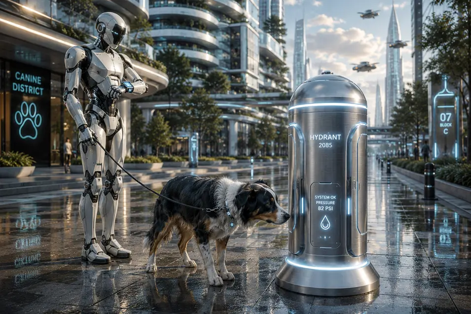 A futuristic dog investigates a high-tech fire hydrant while its robotic handler waits nearby in a sleek city of 2085.