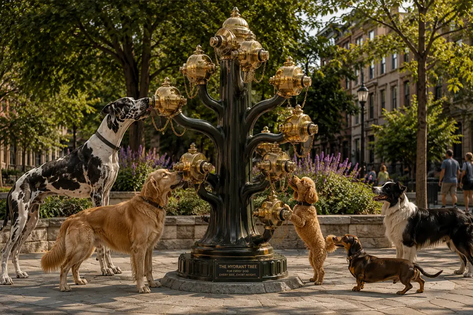 Dogs of every size gather around an elaborate hydrant tree, with perfectly positioned spouts designed for every height.
