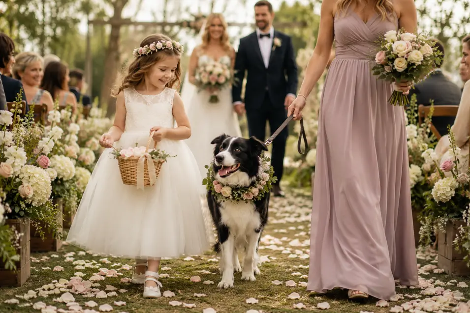 A flower girl and floral-collared dog walk down the wedding aisle together while a bridesmaid safely holds the dog’s leash.