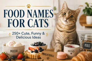 Tabby cat in a cozy kitchen surrounded by food-inspired names like Mochi, Meatball, Miso and Pickles.